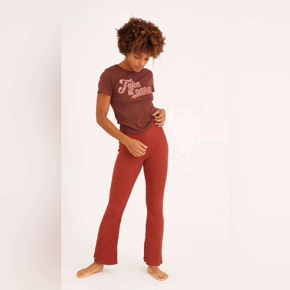 Urban Outfitters Rosie High-Waisted Ribbed Flare Pants Medium Mauve Pink